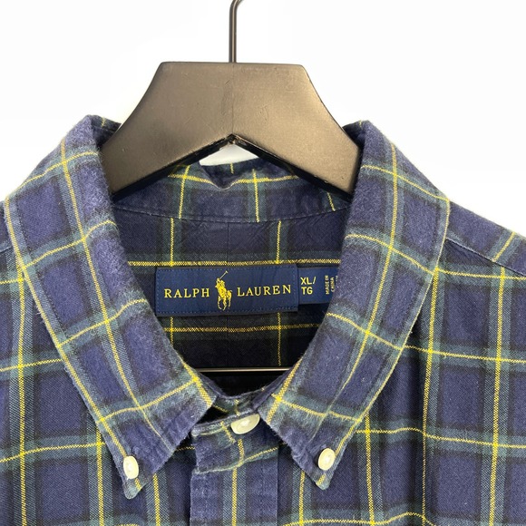 Ralph Lauren (XL) Mens Cotton Button Down Shirt Navy Blue Yellow Checks - Picture 6 of 11